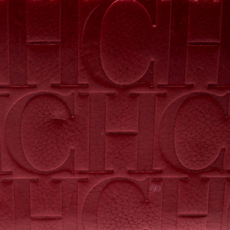 Pre Owned Carolina Herrera Red Monogram Leather Zip Around Wallet