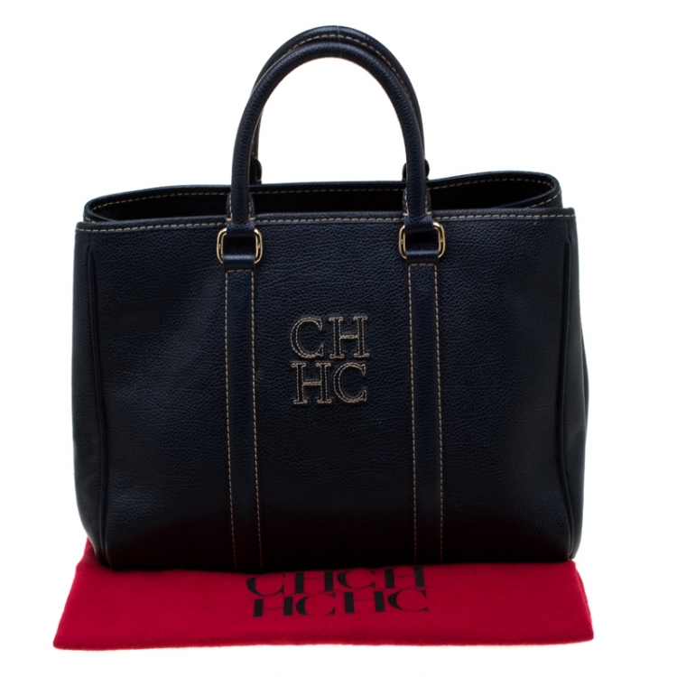 Pre Owned Carolina Herrera Navy Blue Leather Matteo Tote