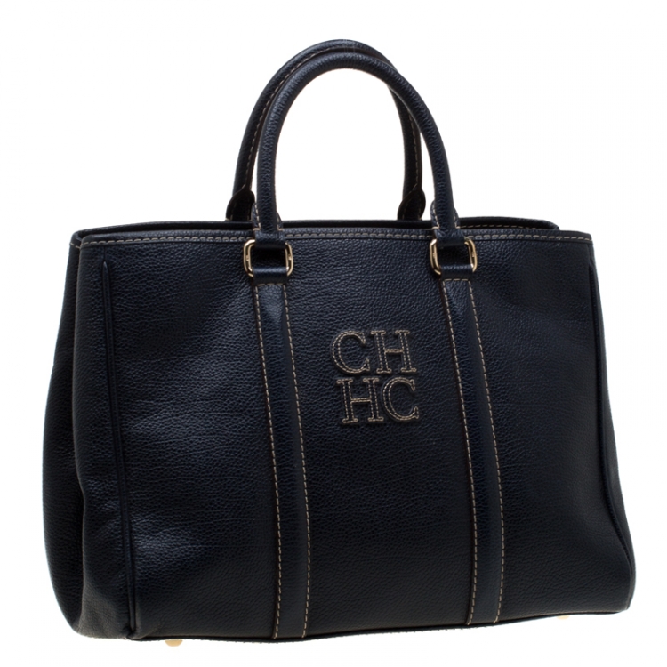 Pre Owned Carolina Herrera Navy Blue Leather Matteo Tote