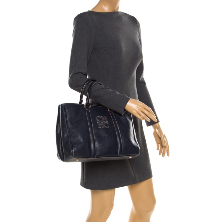 Pre Owned Carolina Herrera Navy Blue Leather Matteo Tote