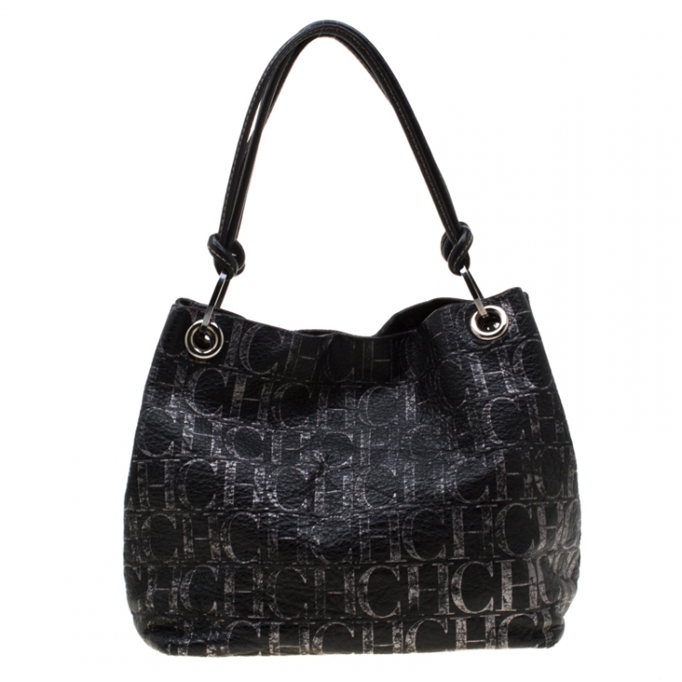 مملوكة مسبقًا Carolina Herrera Black Monogram Leather Hobo