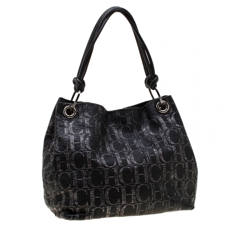 مملوكة مسبقًا Carolina Herrera Black Monogram Leather Hobo