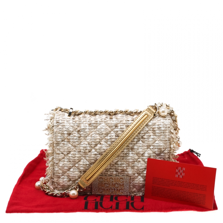Pre Owned Carolina Herrera Beige/Silver Tweed and Fabric Faux Pearl Embellished Shoulder Bag