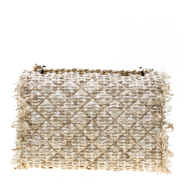 Pre Owned Carolina Herrera Beige/Silver Tweed and Fabric Faux Pearl Embellished Shoulder Bag