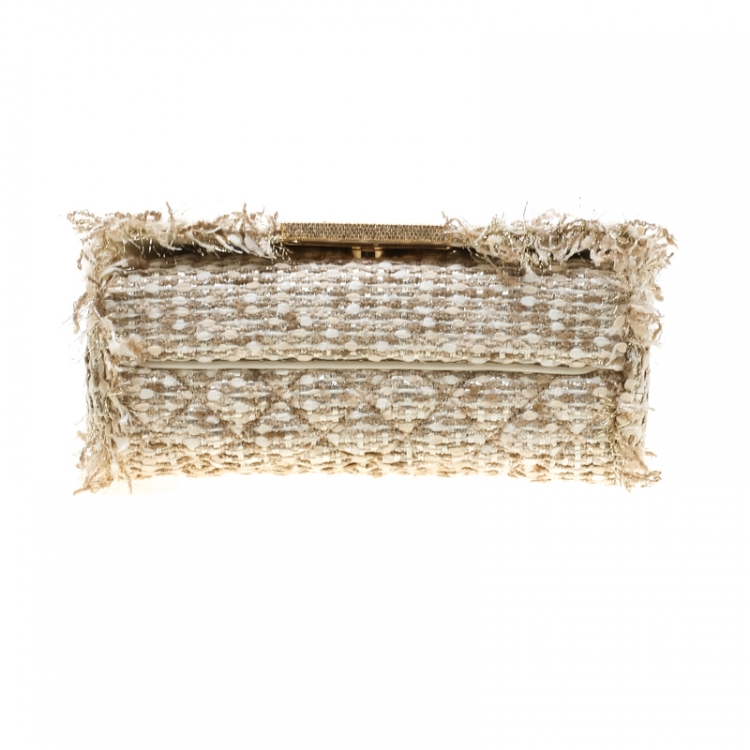 Pre Owned Carolina Herrera Beige/Silver Tweed and Fabric Faux Pearl Embellished Shoulder Bag