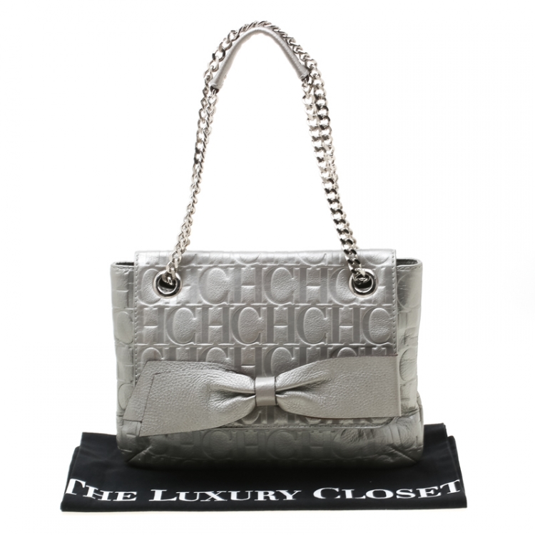 Pre Owned Carolina Herrera Silver Metallic Monogram Leather Audrey Shoulder Bag