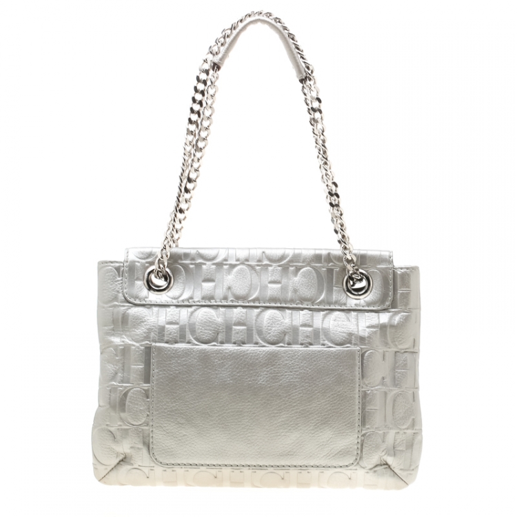 Pre Owned Carolina Herrera Silver Metallic Monogram Leather Audrey Shoulder Bag
