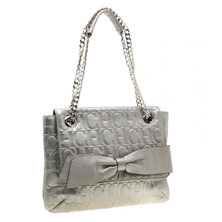 Pre Owned Carolina Herrera Silver Metallic Monogram Leather Audrey Shoulder Bag