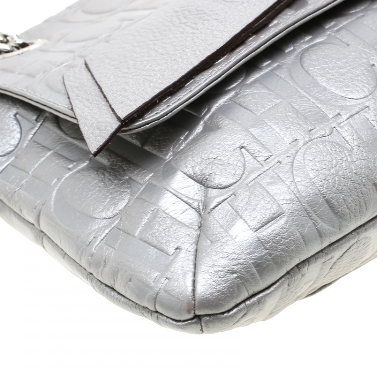 Pre Owned Carolina Herrera Silver Metallic Monogram Leather Audrey Shoulder Bag