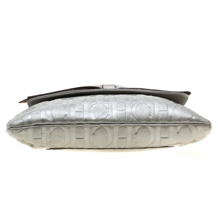 Pre Owned Carolina Herrera Silver Metallic Monogram Leather Audrey Shoulder Bag