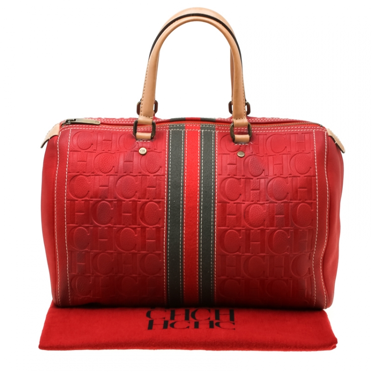 Pre Owned Carolina Herrera Red Leather and Stripe Fabric Large Andy Boston Bag