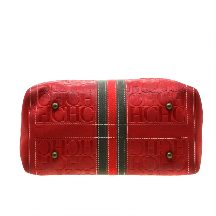Pre Owned Carolina Herrera Red Leather and Stripe Fabric Large Andy Boston Bag