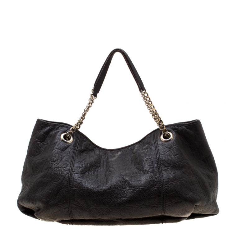 Pre Owned Carolina Herrera Dark Brown Monogram Leather Poppy Tote