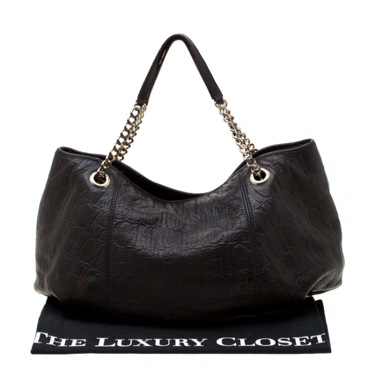 Pre Owned Carolina Herrera Dark Brown Monogram Leather Poppy Tote