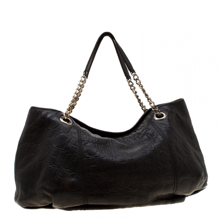 Pre Owned Carolina Herrera Dark Brown Monogram Leather Poppy Tote