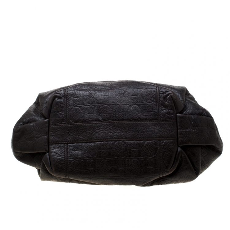 Pre Owned Carolina Herrera Dark Brown Monogram Leather Poppy Tote