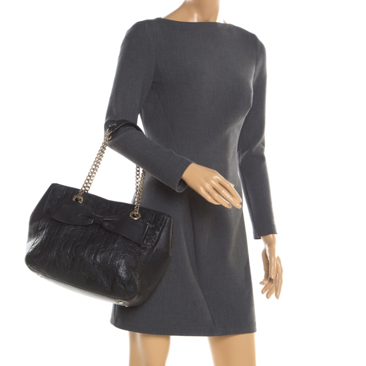 Pre Owned Carolina Herrera Black Monogram Leather Audrey Tote