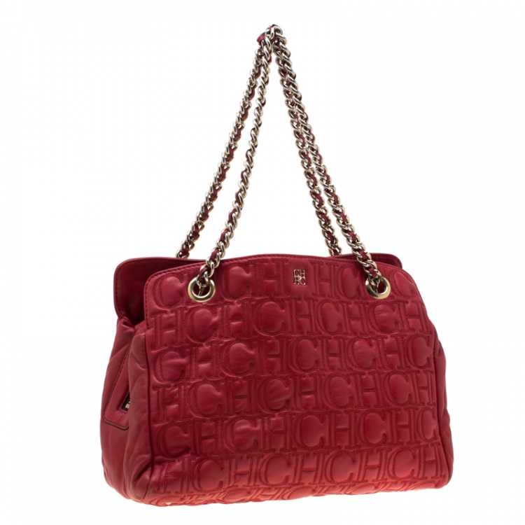 Pre Owned Carolina Herrera Red Monogram Leather Shoulder Bag