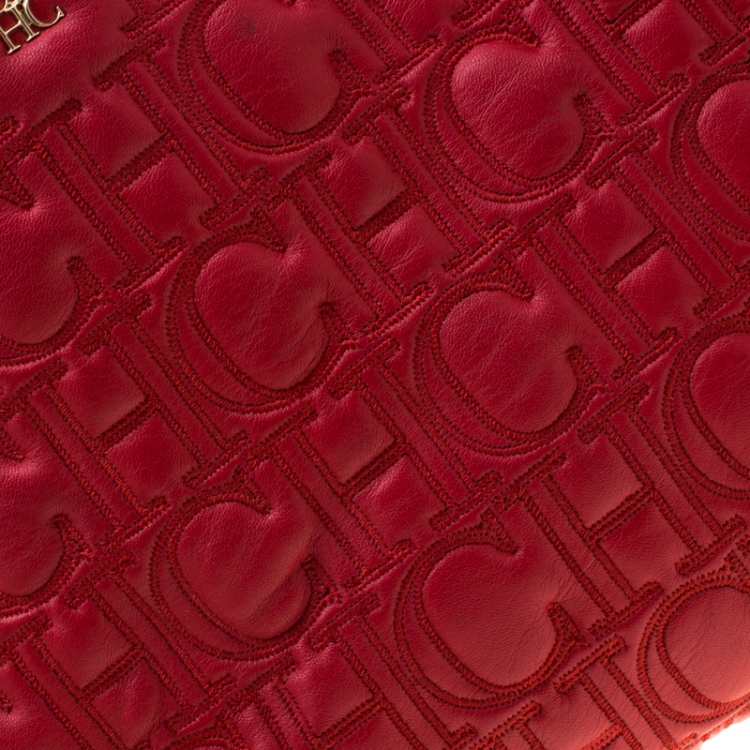 Pre Owned Carolina Herrera Red Monogram Leather Shoulder Bag