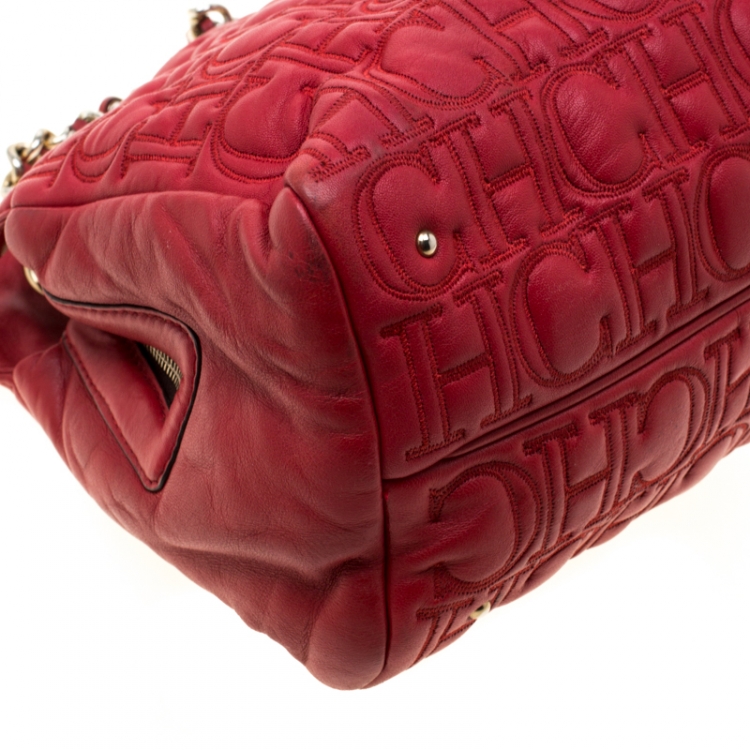 Pre Owned Carolina Herrera Red Monogram Leather Shoulder Bag