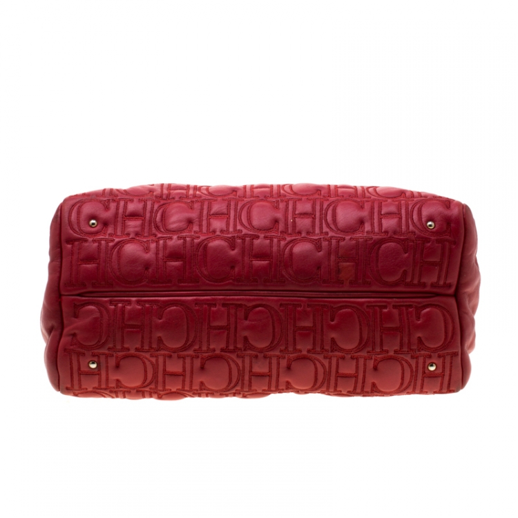 Pre Owned Carolina Herrera Red Monogram Leather Shoulder Bag