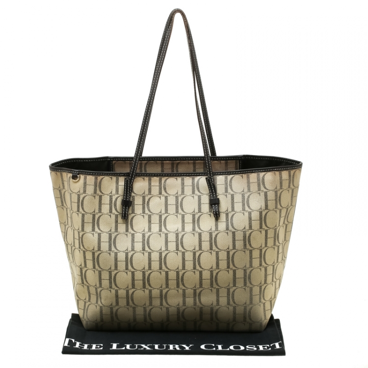 Pre Owned Carolina Herrera Beige Monogram Coated Canvas Shopper Tote