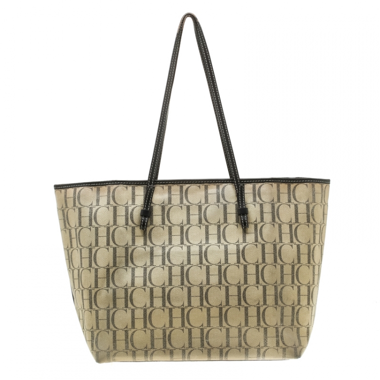 Pre Owned Carolina Herrera Beige Monogram Coated Canvas Shopper Tote