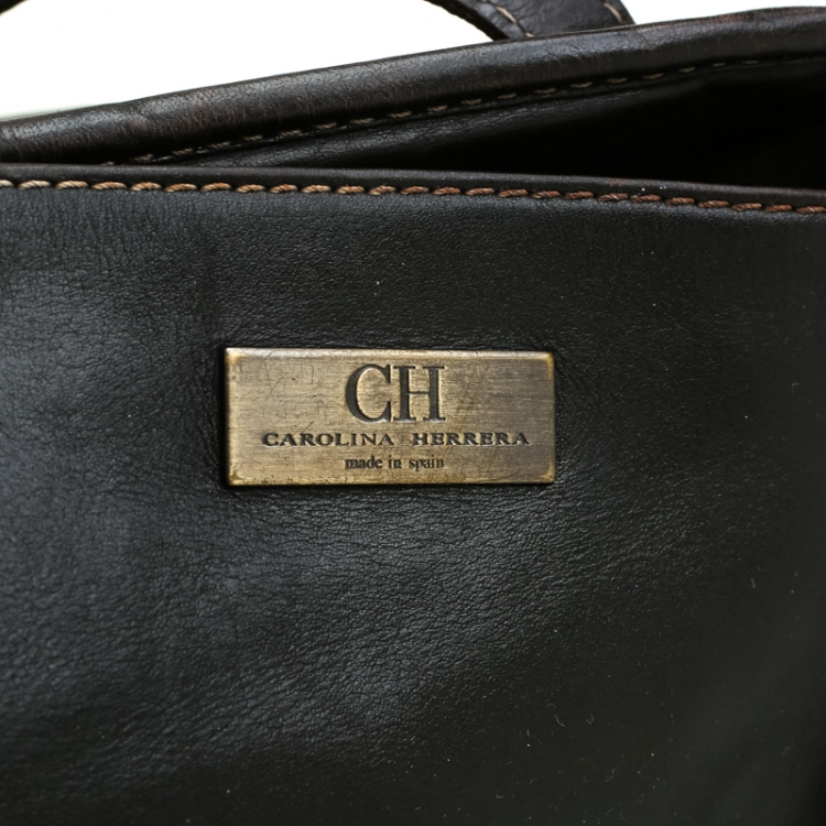 Pre Owned Carolina Herrera Brown Monogram Leather Shopper Tote