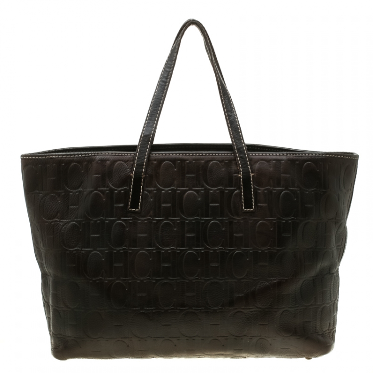 Pre Owned Carolina Herrera Brown Monogram Leather Shopper Tote