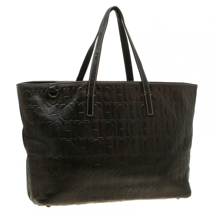 Pre Owned Carolina Herrera Brown Monogram Leather Shopper Tote