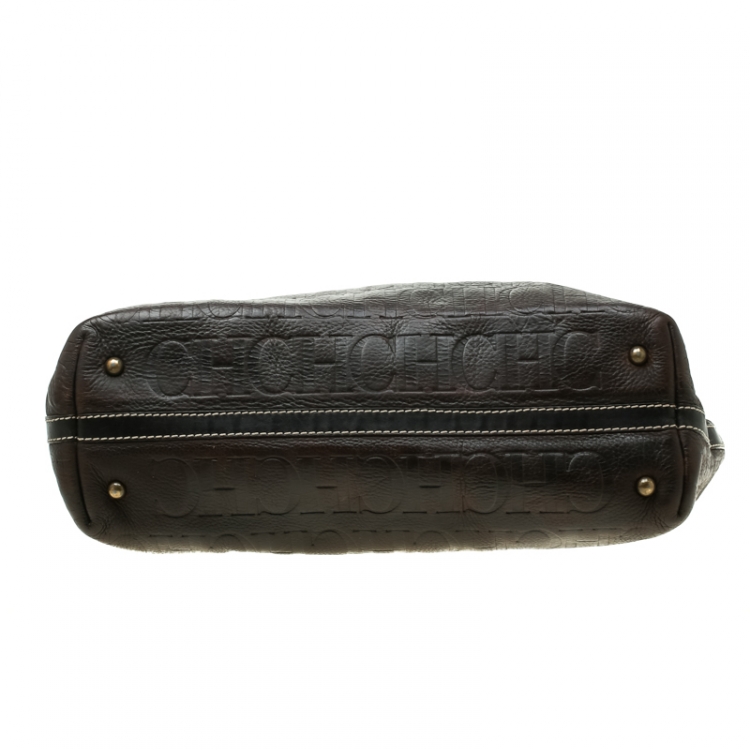 Pre Owned Carolina Herrera Brown Monogram Leather Shopper Tote