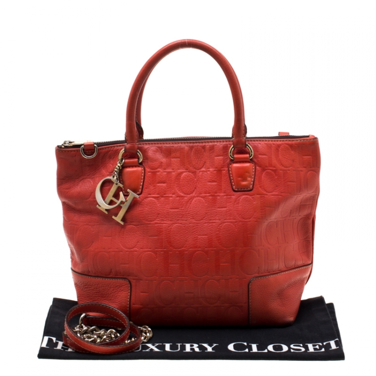 Pre Owned Carolina Herrera Orange Monogram Embossed Leather Tote