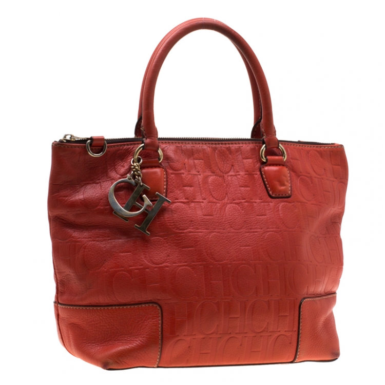 Pre Owned Carolina Herrera Orange Monogram Embossed Leather Tote