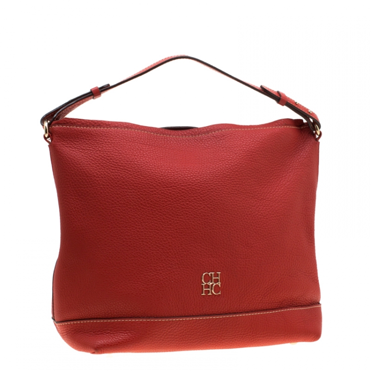 Pre Owned Carolina Hererra Red Pebbled Leather Hobo