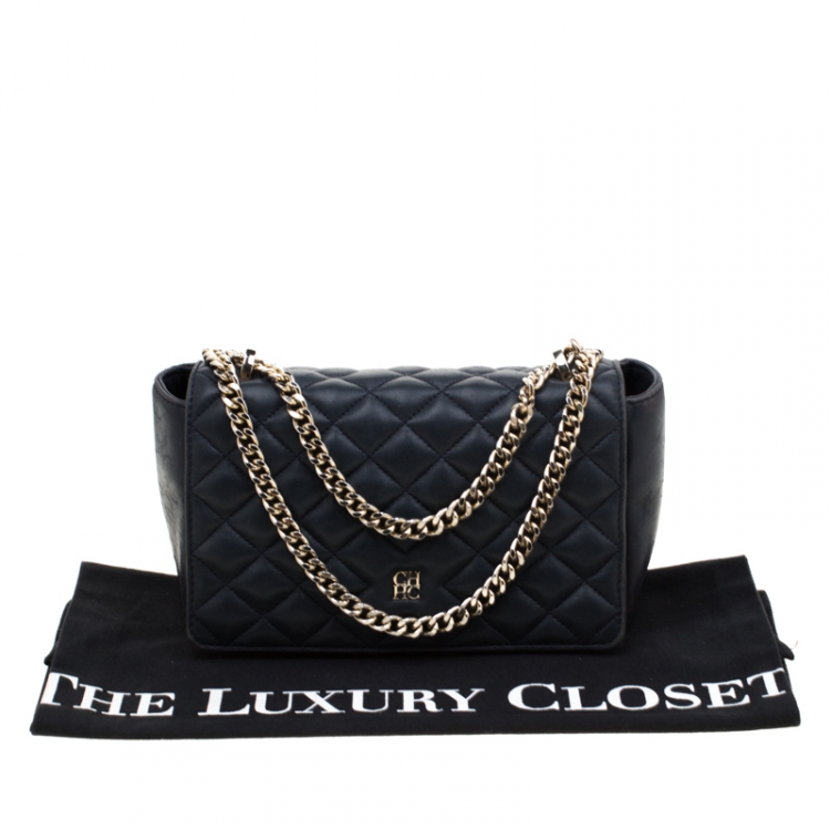 Pre Owned Carolina Herrera Navy Blue Quilted Leather Chain Shoulder Bag