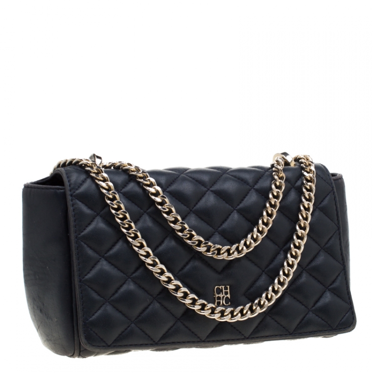 Pre Owned Carolina Herrera Navy Blue Quilted Leather Chain Shoulder Bag