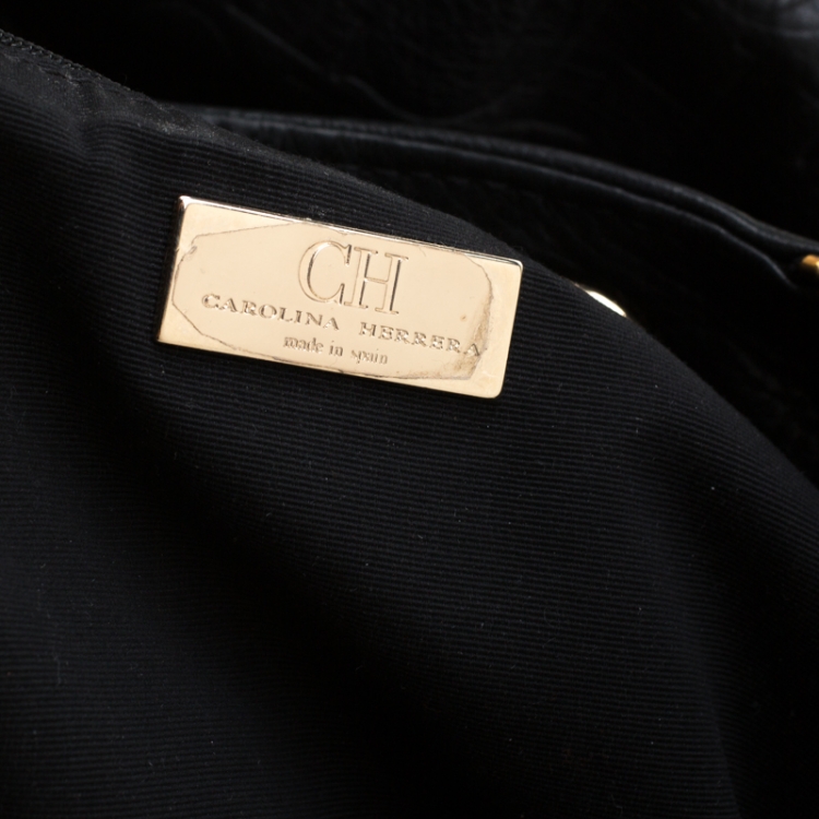 Pre Owned Carolina Herrera Black Monogram Leather Tassel Tote 