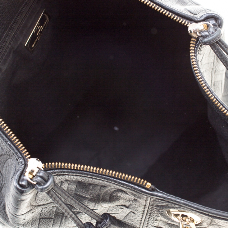 Pre Owned Carolina Herrera Black Monogram Leather Tassel Tote 