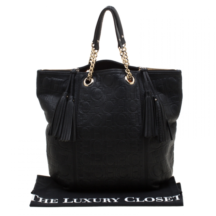 Pre Owned Carolina Herrera Black Monogram Leather Tassel Tote 