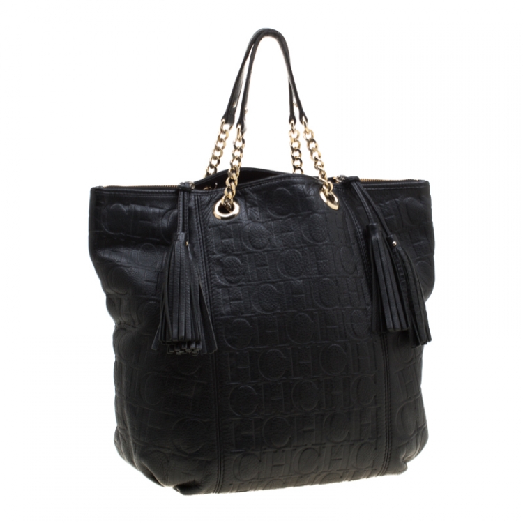 Pre Owned Carolina Herrera Black Monogram Leather Tassel Tote 