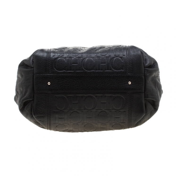 Pre Owned Carolina Herrera Black Monogram Leather Tassel Tote 