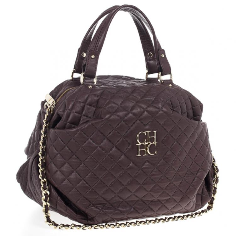 Pre Owned Carolina Herrera Brown Lambskin Quilted Stitching Bowling Bag 
