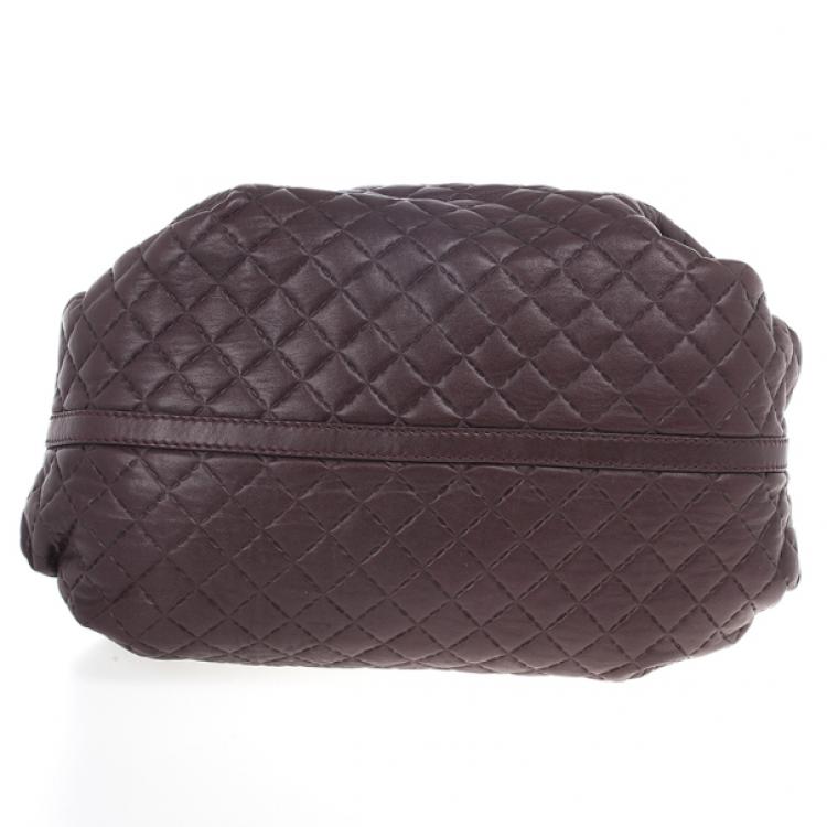 Pre Owned Carolina Herrera Brown Lambskin Quilted Stitching Bowling Bag 