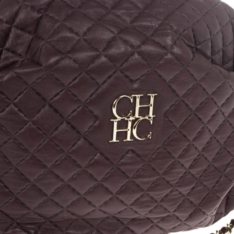 Pre Owned Carolina Herrera Brown Lambskin Quilted Stitching Bowling Bag 