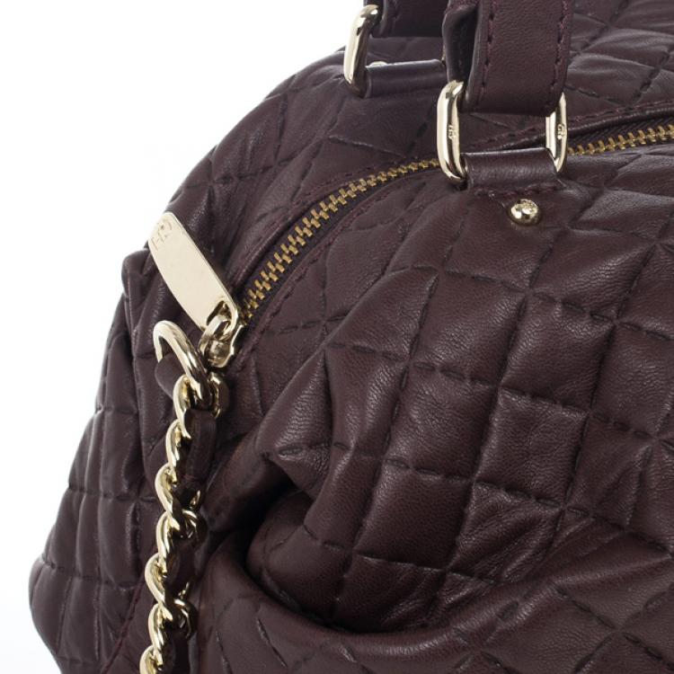 Pre Owned Carolina Herrera Brown Lambskin Quilted Stitching Bowling Bag 
