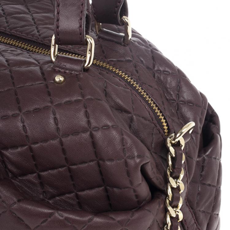 Pre Owned Carolina Herrera Brown Lambskin Quilted Stitching Bowling Bag 