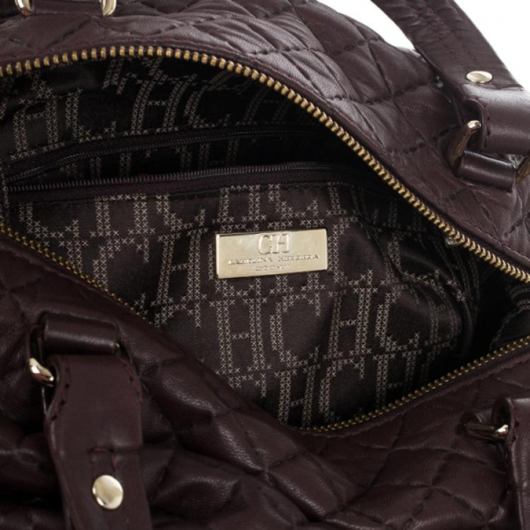Pre Owned Carolina Herrera Brown Lambskin Quilted Stitching Bowling Bag 