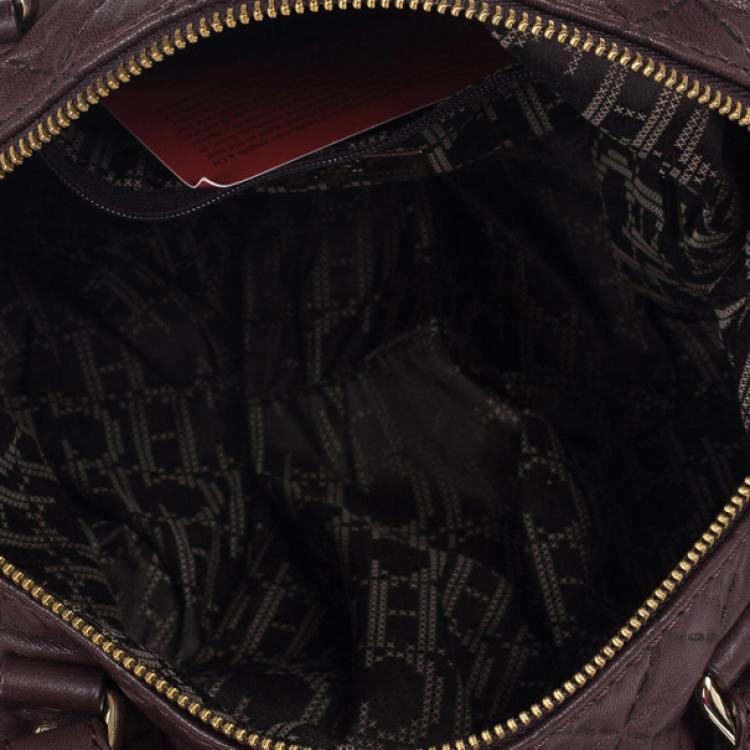 Pre Owned Carolina Herrera Brown Lambskin Quilted Stitching Bowling Bag 