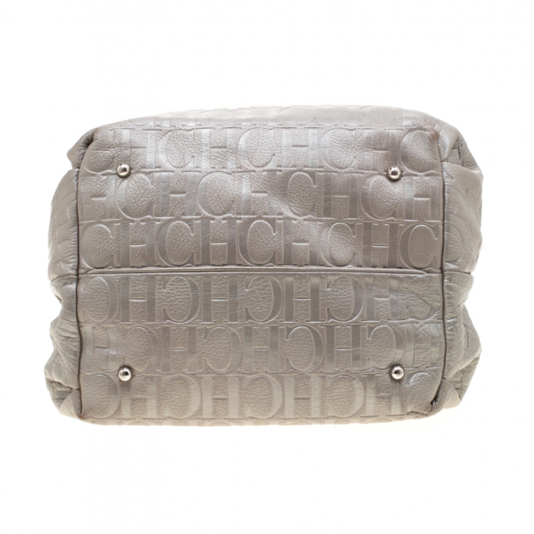 Pre Owned Carolina Herrera Silver Monogram Embossed Leather Bow Bucket Shoulder Bag