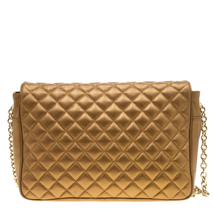 Pre Owned Carolina Herrera Gold Quilted Leather Flap Chain Shoulder Bag